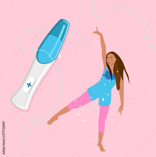Happy woman dancing because of pregnancy.Test shows positive result.Baby planning and female health illustration.Reproduction and motherhood poster for obstetrics,gynecology.Birth controlling concept.