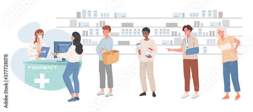 Costumers standing in line in pharmacy and buying drugs vector flat illustration. Pharmacist in medical robe and protective face mask standing at the counter and selling drugs to ill people.
