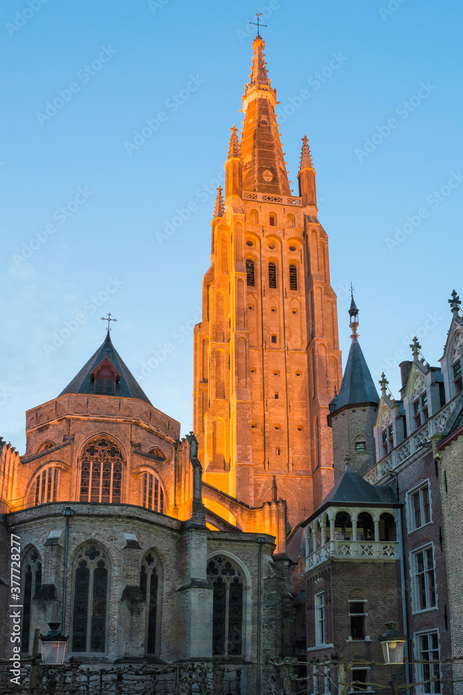 Church of Our Lady at twilight, Historic center of Bruges, Belgium, Unesco World Heritage Site