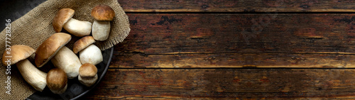 Fresh forest mushrooms /Boletus edulis (king bolete) / penny bun / cep / porcini in an old bowl / plate on the wooden dark brown table, top view background banner panorama