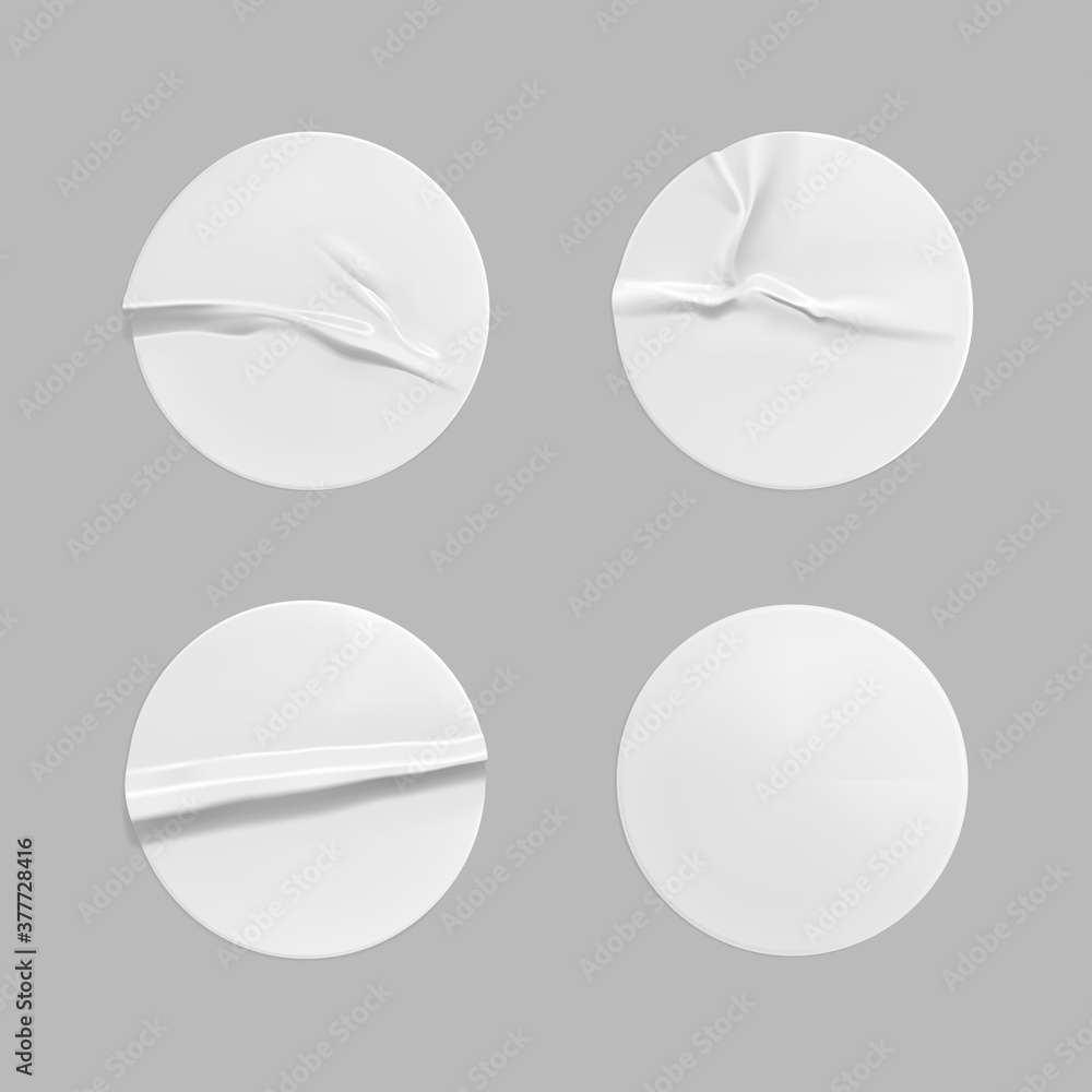 White round crumpled sticker mock up set. Adhesive clear white paper or plastic sticker label with glued, wrinkled effect on gray background. Blank templates label or price tags. 3d realistic vector White round crumpled sticker mock up set. Adhesive clear white paper or plastic sticker label with glued, wrinkled effect on gray background. Blank templates label or price tags. 3d realistic vector