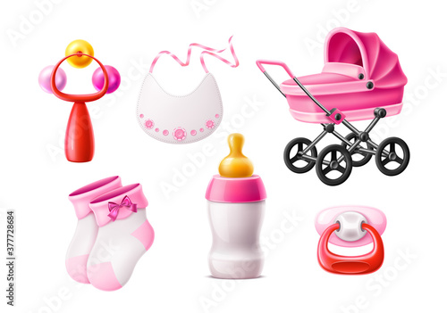 Vector realistic newborn infant baby products set