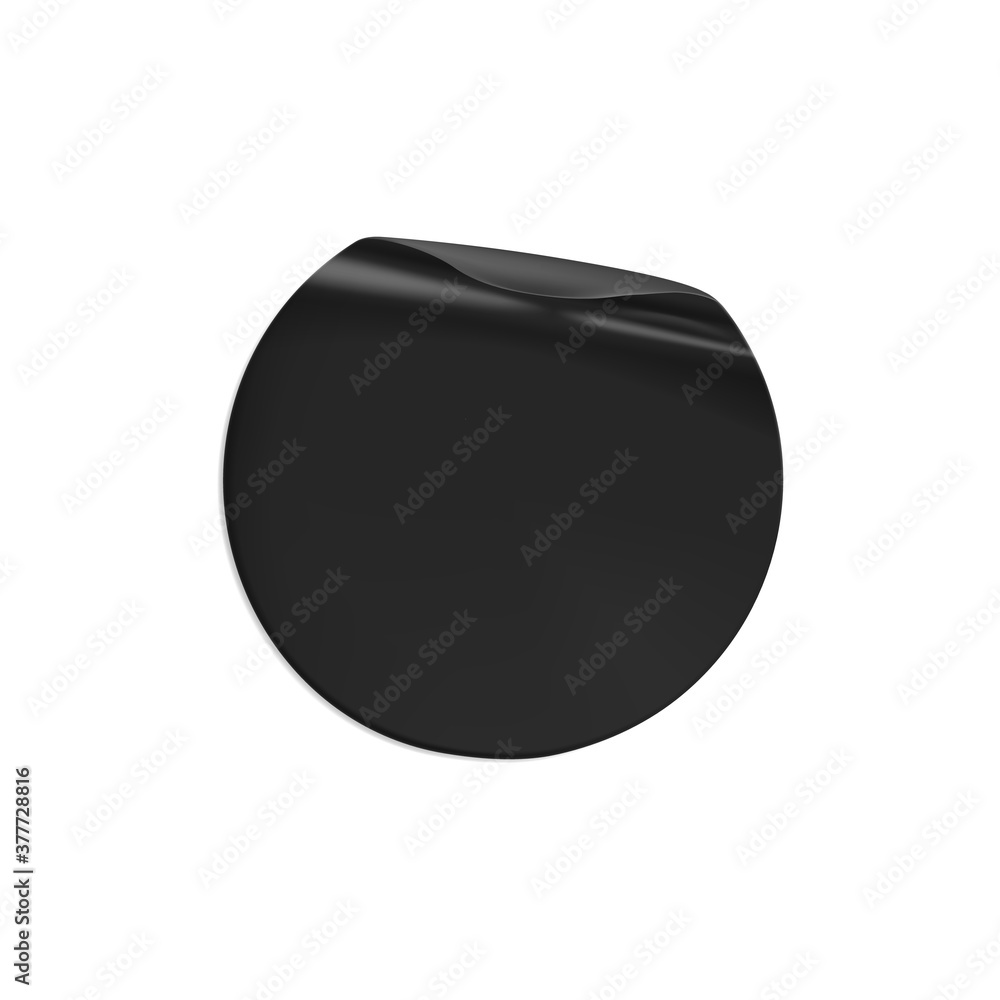 Black glued round crumpled sticker mockup. Adhesive clear black paper or plastic sticker label with glued, wrinkled effect on white background. Blank templates label or price tags. 3d realistic vector Black glued round crumpled sticker mockup. Adhesive clear black paper or plastic sticker label with glued, wrinkled effect on white background. Blank templates label or price tags. 3d realistic vector