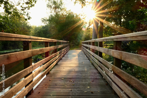 Fototapeta Naklejka Na Ścianę i Meble -  Wooden bridge in the middle of the forest. Rays of the sun through the foliage of trees. Bridge in nature in summer or spring.