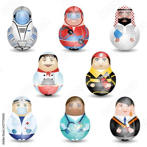 Modern Russian kawaii dolls for your business project. Collection of professions. Multiracial.