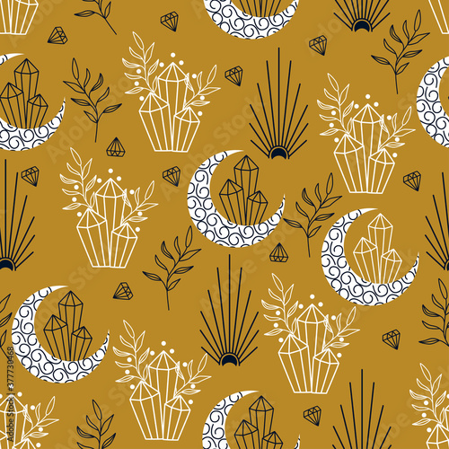 seamless pattern with mystical moon and diamond - vector illustration, eps