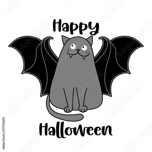 Happy Halloween - funny quote design with cute vampire teeth bat cat. Kitten calligraphy sign for print. Adorable cat poster with lettering, good for t shirts, gifts, mugs or other printable designs.