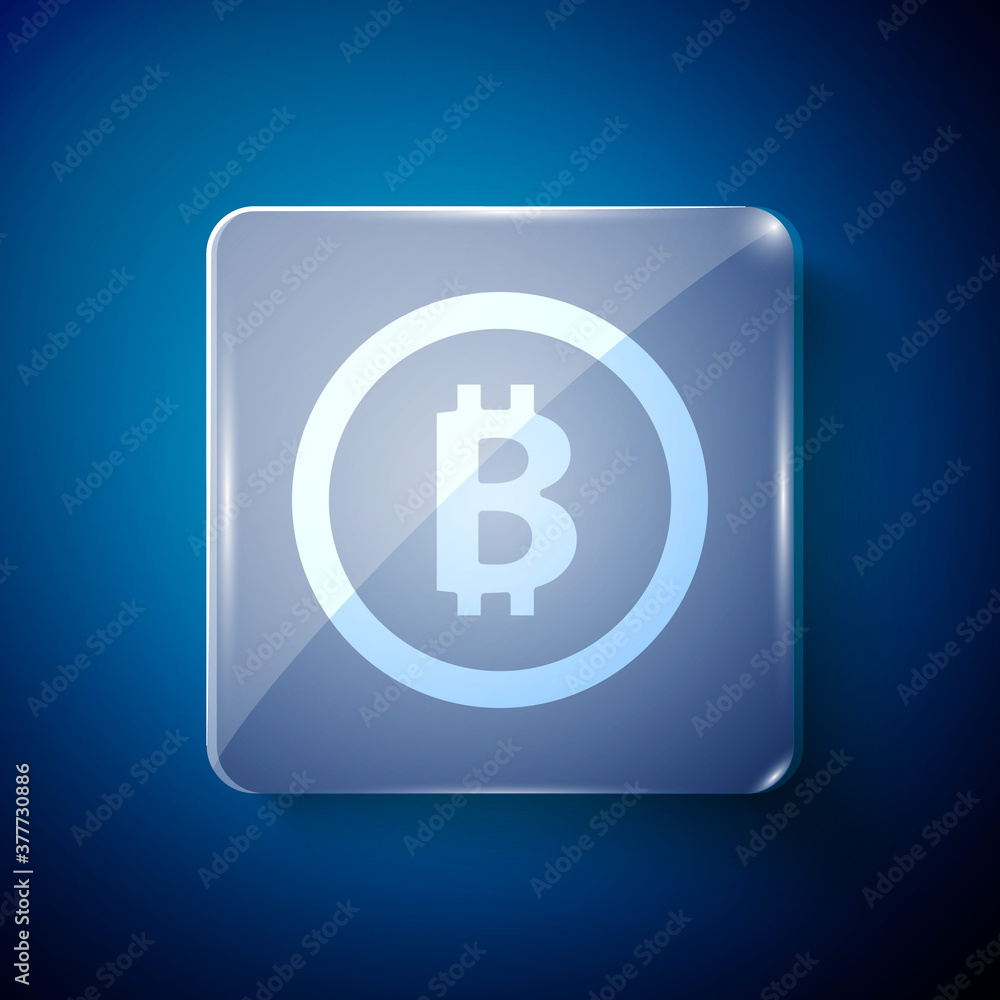White Cryptocurrency coin Bitcoin icon isolated on blue background. Physical bit coin. Blockchain based secure crypto currency. Square glass panels. Vector. White Cryptocurrency coin Bitcoin icon isolated on blue background. Physical bit coin. Blockchain based secure crypto currency. Square glass panels. Vector.
