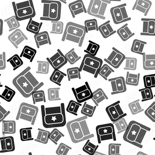 Black Ushanka icon isolated seamless pattern on white background. Russian fur winter hat ushanka with star. Soviet Union uniform of KGB and NKVD. Vector.
