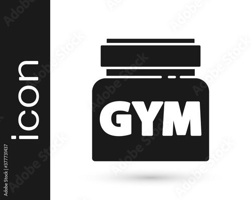 Black Sports nutrition bodybuilding proteine power drink and food icon isolated on white background. Vector.