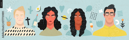 Beautiful people portrait -hand drawn flat style vector design concept illustration of a young people, men and women, face and shoulders avatar, surrounded by abstract elements. Flat style vector icon