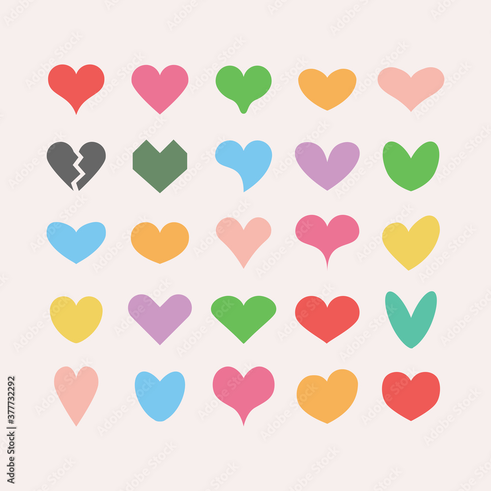 Trendy and colorful cute solid and isolated different beautiful heart shapes icons set on pink background