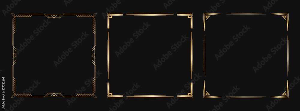 Set of golden decorative elements. Isolated art deco frames and borders - obrazy, fototapety, plakaty 