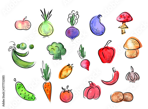 Food sketch illustration. Vector Watercolor vegetables collection