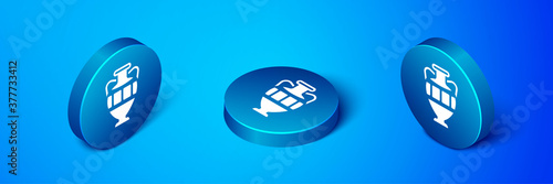 Isometric Ancient amphorae icon isolated on blue background. Blue circle button. Vector.
