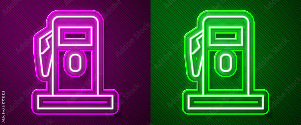 Glowing neon line Petrol or Gas station icon isolated on purple and green background. Car fuel symbol. Gasoline pump. Vector Illustration. Glowing neon line Petrol or Gas station icon isolated on purple and green background. Car fuel symbol. Gasoline pump. Vector Illustration.