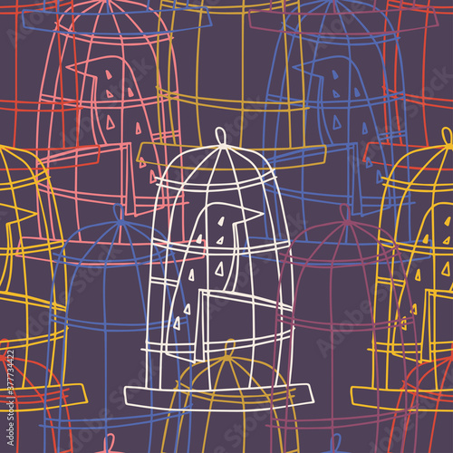 Vector seamless vintage pattern with lined colorful ornamental birds in cages on dark violet background. The design is perfect for textiles, decorations, backgrounds, surfaces, wrapping paper