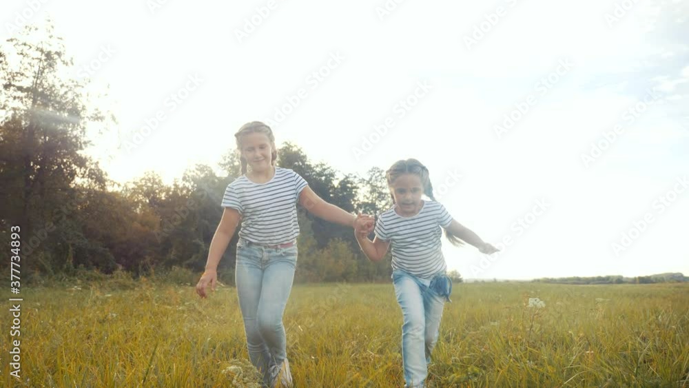 happy family children kid together run in the park at sunset. people in the park concept. two sisters joyful run. happy family and little baby child fun summer kid dream lifestyle concept happy family children kid together run in the park at sunset. people in the park concept. two sisters joyful run. happy family and little baby child fun summer kid dream lifestyle concept
