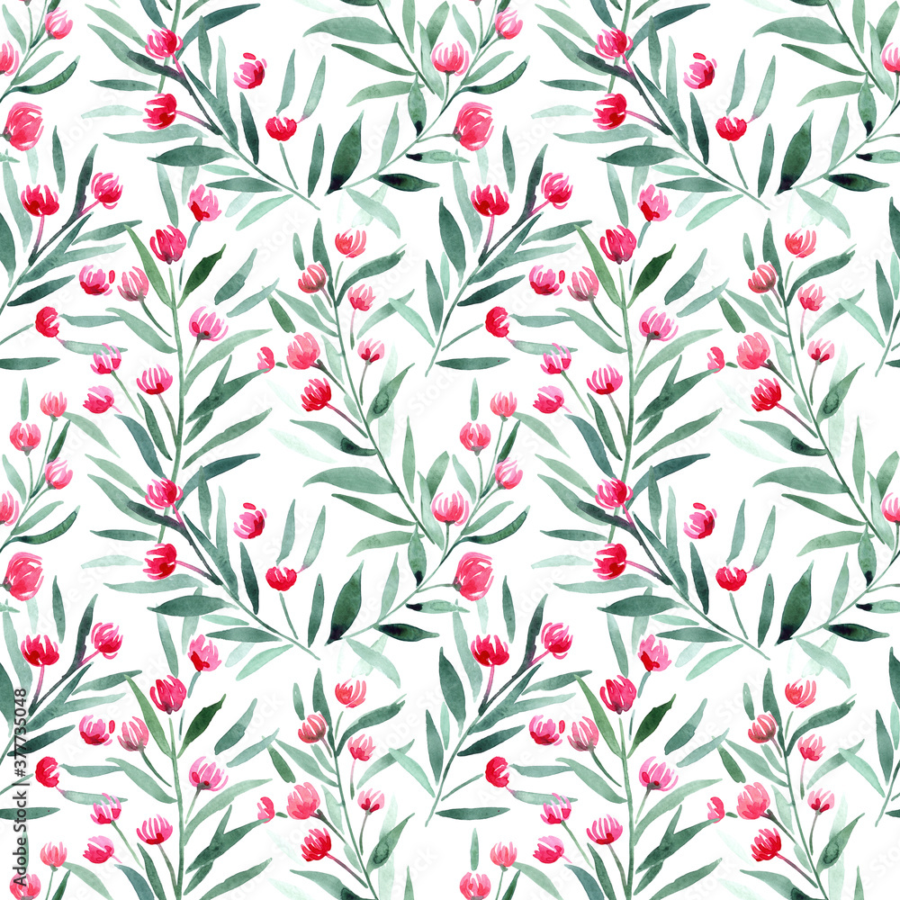 Fototapeta premium watercolor pattern with hand painted red flowers, seamless print for textile or wallpaper