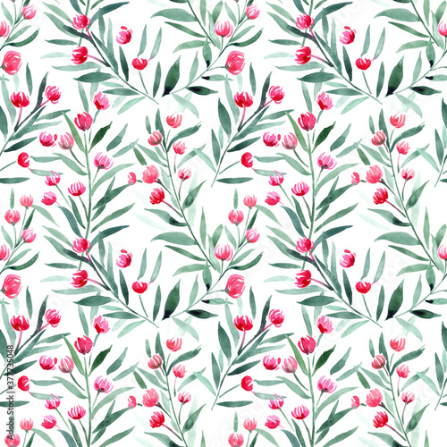 watercolor pattern with hand painted red flowers, seamless print for textile or wallpaper