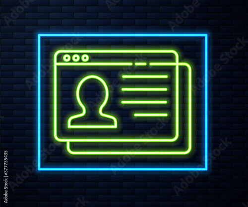Glowing neon line Resume icon isolated on brick wall background. CV application. Searching professional staff. Analyzing personnel resume. Vector.