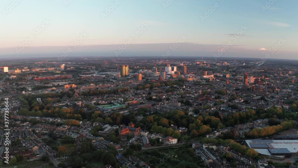 Aeriel view of Utrecht skyline at sunset, Netherlands, Dom tower and medieval historic city center Aeriel view of Utrecht skyline at sunset, Netherlands, Dom tower and medieval historic city center
