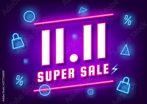 November 11 super sale shopping day neon sign background