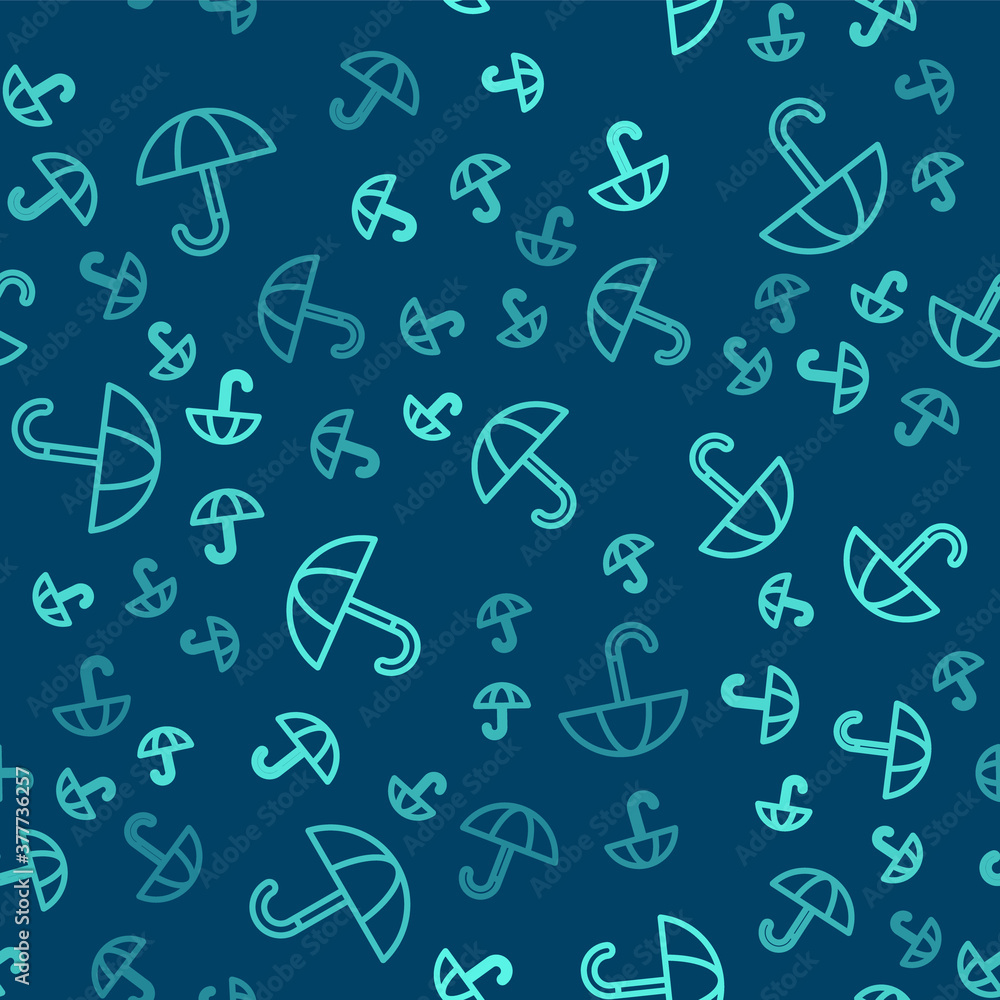 Obraz premium Green line Classic elegant opened umbrella icon isolated seamless pattern on blue background. Rain protection symbol. Vector.
