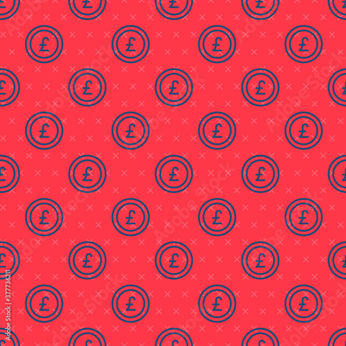 Blue line Coin money with pound sterling symbol icon isolated seamless pattern on red background. Banking currency sign. Cash symbol. Vector.