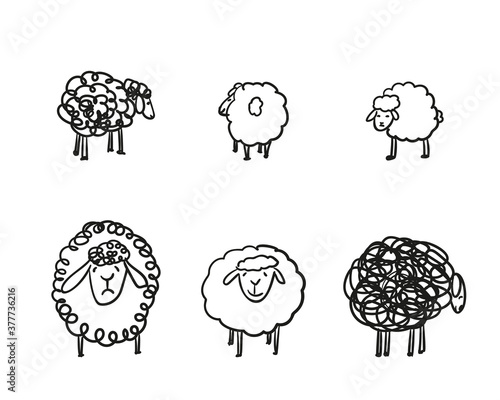 Simple sketch of different sheeps, Pen hand drawing scribble cartoon animal