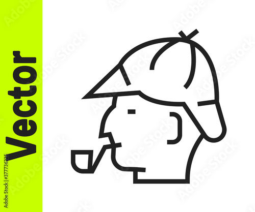 Black line Sherlock Holmes with smoking pipe icon isolated on white background. Detective. Vector.