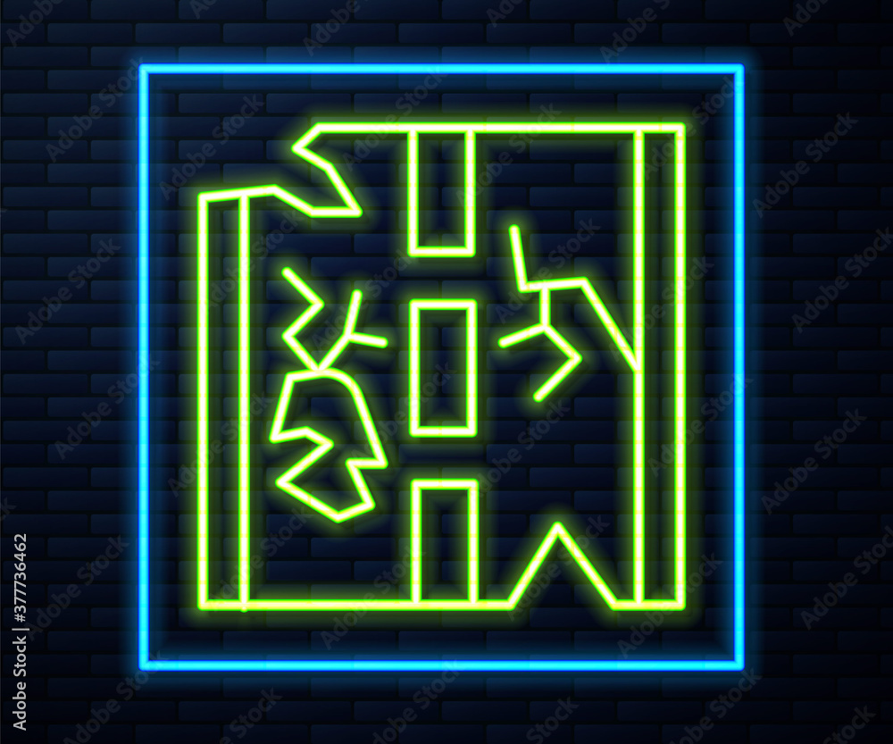 Glowing neon line Broken road icon isolated on brick wall background. Vector. Glowing neon line Broken road icon isolated on brick wall background. Vector.