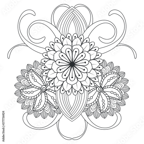 Decorative Doodle flowers in black and white for coloring page  cover or background. Hand drawn sketch for adult anti stress coloring page.-vector 
