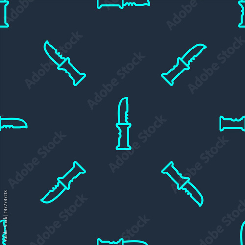 Green line Military knife icon isolated seamless pattern on blue background. Vector.