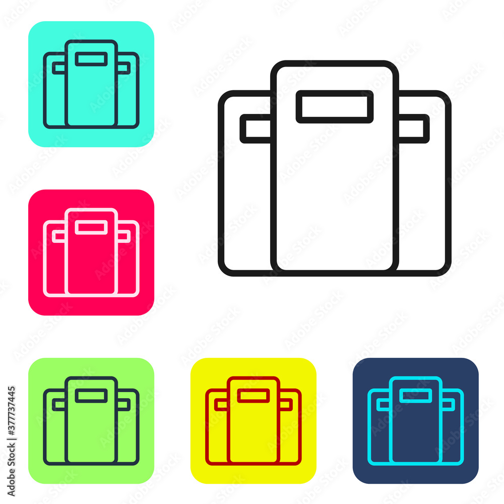 Black line Police assault shield icon isolated on white background. Set icons in color square buttons. Vector. Black line Police assault shield icon isolated on white background. Set icons in color square buttons. Vector.
