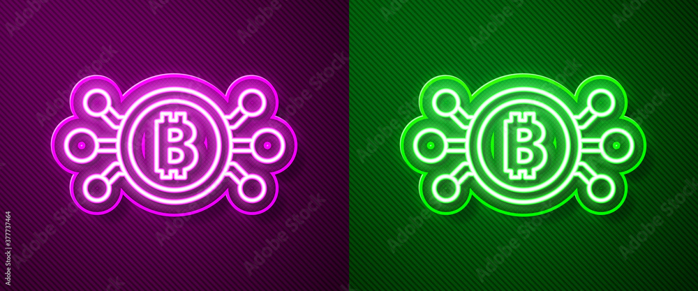 Glowing neon line Cryptocurrency bitcoin in circle with microchip circuit icon isolated on purple and green background. Blockchain technology, digital money market. Vector. Glowing neon line Cryptocurrency bitcoin in circle with microchip circuit icon isolated on purple and green background. Blockchain technology, digital money market. Vector.