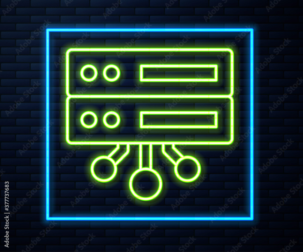 Glowing neon line Server, Data, Web Hosting icon isolated on brick wall background. Vector. Glowing neon line Server, Data, Web Hosting icon isolated on brick wall background. Vector.