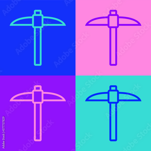 Pop art line Pickaxe icon isolated on color background. Blockchain technology, cryptocurrency mining, bitcoin, digital money market, cryptocoin wallet. Vector.