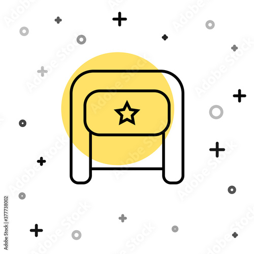Black line Ushanka icon isolated on white background. Russian fur winter hat ushanka with star. Soviet Union uniform of KGB and NKVD. Random dynamic shapes. Vector.