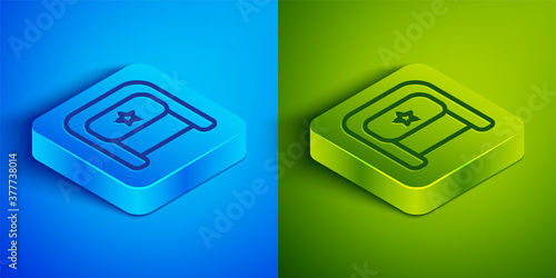Isometric line Ushanka icon isolated on blue and green background. Russian fur winter hat ushanka with star. Soviet Union uniform of KGB and NKVD. Square button. Vector.