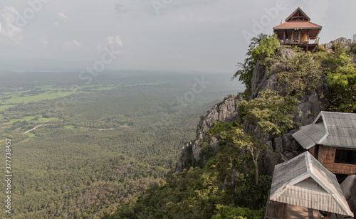 Lampang, Thailand - Sep 03, 2020 : Pagoda on top of the cliff high mountain at Chaloem Phrakiat Phrachomklao Rachanuson temple (Wat Phrabat Pu Pha Daeng) Chae-Hom District, Lampang province, Unseen an photo