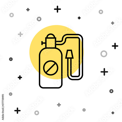 Black line Pressure sprayer for extermination of insects icon isolated on white background. Pest control service. Disinfectant sprayer. Random dynamic shapes. Vector.