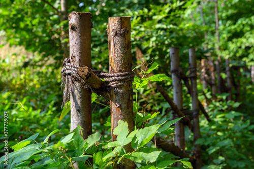 Old fence made of tree branches tied together with ropes