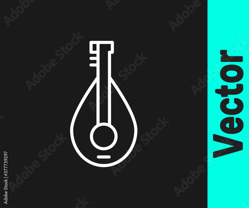 White line Traditional musical instrument mandolin icon isolated on black background. Vector.