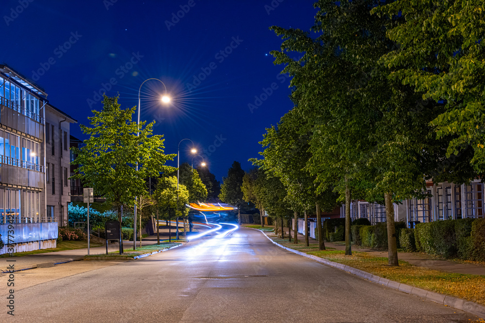 Suburban street on a summer night.