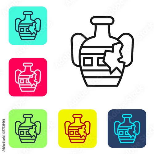 Black line Broken ancient amphorae icon isolated on white background. Set icons in color square buttons. Vector.
