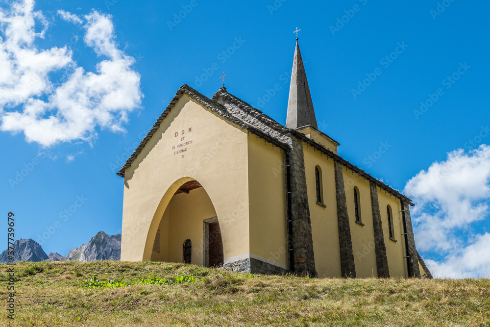beautiful little catholic church on top of a hill in the mountains in Formazza Valley