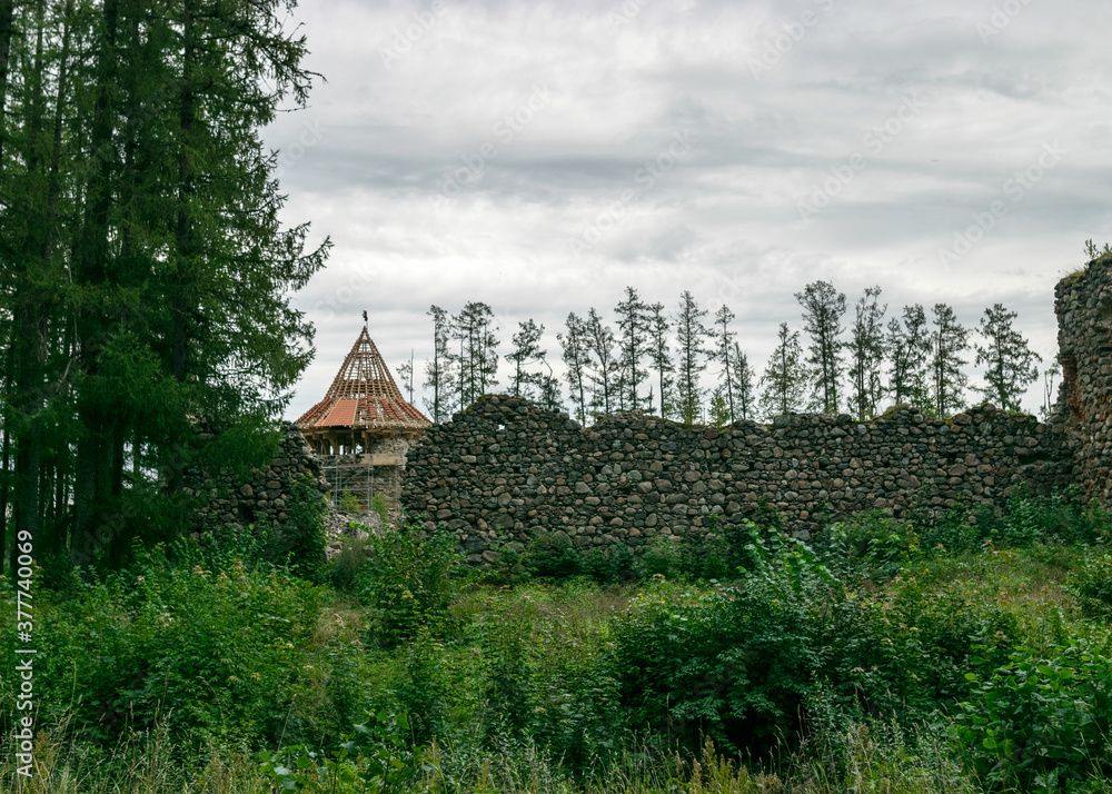 old medieval stone castle ruins, castle tower with new roof structure in the background, Ergeme castle ruins, Latvia