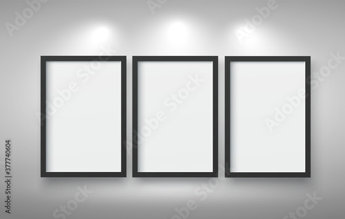 Blank billboard panel indoor vector, white poster on a wall, Vector floodlights. Scene. Light effects. Podium, Wall with picture. Vector illustration.