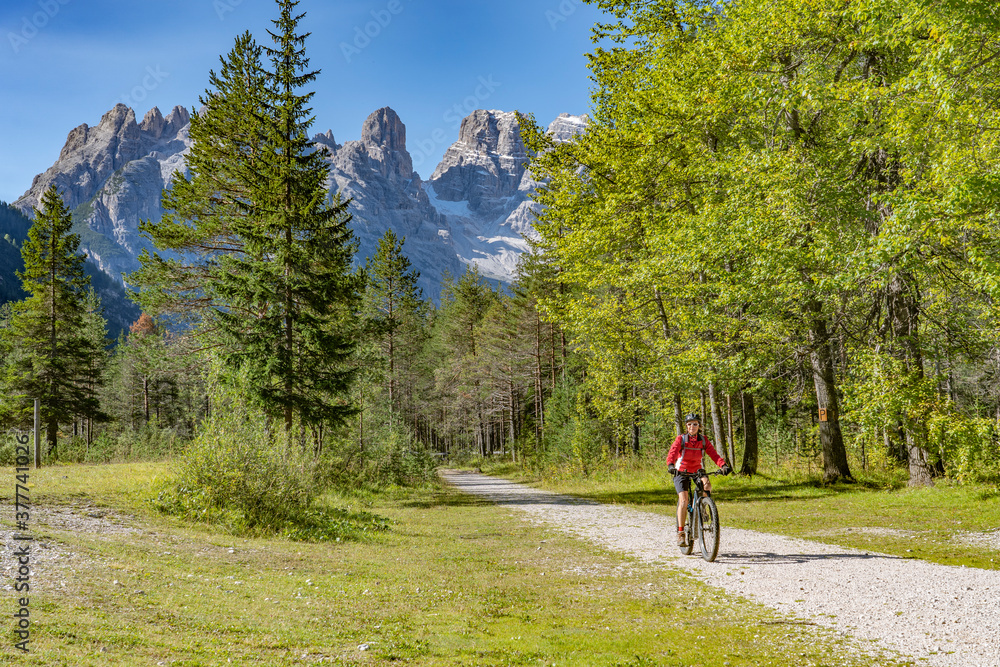 Fototapeta premium nice and active senior woman riding her electric mountain bike on an old railway embankment in the Hoehlenstein valley between Toblach and Cortina Dampezzo, Three Peaks Dolomites, South Tirol, Italy